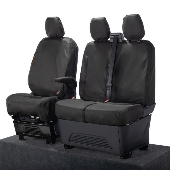 Picture of UK Custom Covers Ford Transit Custom Seat Covers Cotton-Backed PU (2023+) - Front (single/Double WITH pull Down Tray / Black | SC334B