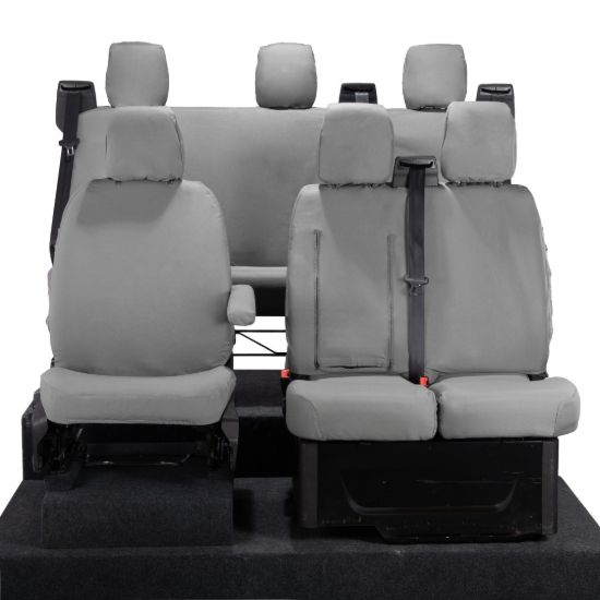 UK Custom Covers Ford Transit Custom Seat Covers Cotton-Backed PU (2023+) - Front & Rear (6 Seat With Front Pull Down Tray) - Grey