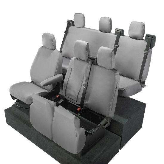 Picture of UK Custom Covers Ford Transit Custom Seat Covers Cotton-Backed PU (2023+) - Front & Rear (6 Seat With Front Pull Down Tray) - Grey | SC334G-131G
