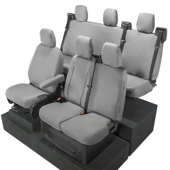 Picture of UK Custom Covers Ford Transit Custom Seat Covers Cotton-Backed PU (2023+) - Front & Rear (6 Seat With Front Pull Down Tray) - Grey | SC334G-131G