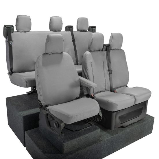 Picture of UK Custom Covers Ford Transit Custom Seat Covers Cotton-Backed PU (2023+) - Front & Rear (6 Seat With Front Pull Down Tray) - Grey | SC334G-131G