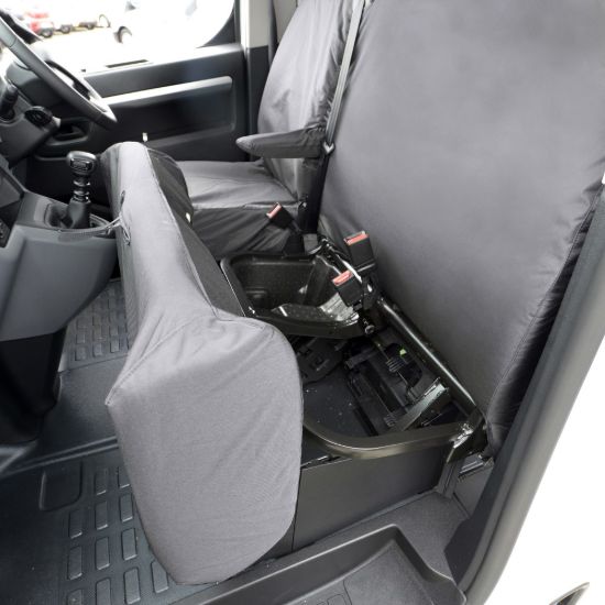 Picture of UK Custom Covers Vauxhall Vivaro Seat Covers Cotton-Backed PU (2019 Onwards) - Front Single/Double NO Split Passenger Base NO Pull Down Tray - Grey | SC367G