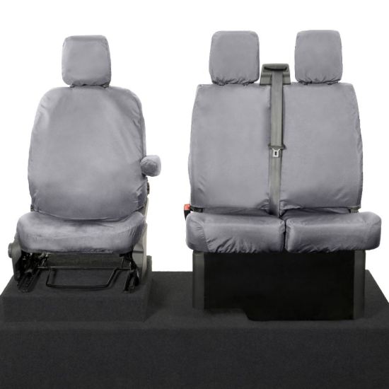 UK Custom Covers Ford Transit Custom Seat Covers Cotton-Backed PU (2013-2023) - Front (single/Double NO pull Down Tray / Grey