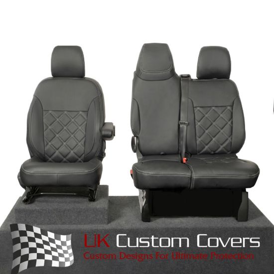 UK Custom Covers Vauxhall Vivaro Seat Covers Leatherette (2014-2019) Front Single/Double Split Passenger Base WITH Folding Middle Seat - Double Diamond Bentley Stitch