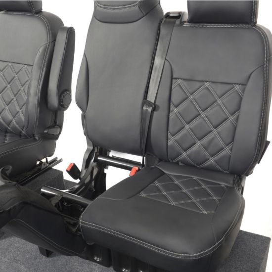Picture of UK Custom Covers Vauxhall Vivaro Seat Covers Leatherette (2014-2019) Front Single/Double Split Passenger Base WITH Folding Middle Seat - Double Diamond Bentley Stitch | SC639B