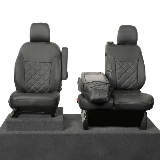 Picture of UK Custom Covers Vauxhall Vivaro Seat Covers Leatherette (2014-2019) Front Single/Double Split Passenger Base WITH Folding Middle Seat - Double Diamond Bentley Stitch | SC639B