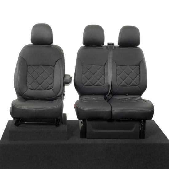 UK Custom Covers Vauxhall Vivaro Seat Covers Leatherette (2014-2019) Front Single/Double Split Passenger Base NO Folding Middle Seat - Double Diamond Bentley Stitch
