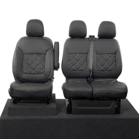 Picture of UK Custom Covers Vauxhall Vivaro Seat Covers Leatherette (2014-2019) Front Single/Double Split Passenger Base NO Folding Middle Seat - Double Diamond Bentley Stitch | SC664B