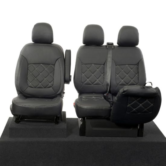Picture of UK Custom Covers Vauxhall Vivaro Seat Covers Leatherette (2014-2019) Front Single/Double Split Passenger Base NO Folding Middle Seat - Double Diamond Bentley Stitch | SC664B