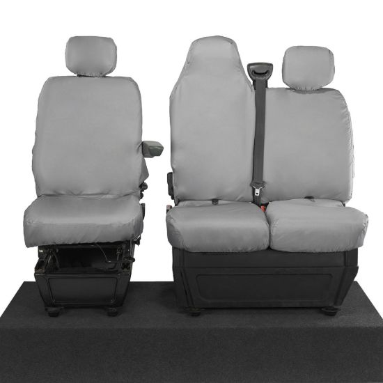 UK Custom Covers Vauxhall Movano Seat Covers Cotton-Backed PU (2010-2022) - Front With Folding Middle Seat & Split Passenger Base - Grey