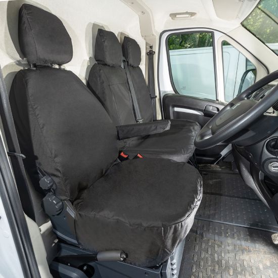 UK Custom Covers Vauxhall Movano Seat Covers Cotton-Backed PU (2022 Onwards) - Front With Pull Down Tray & No Split Passenger Seat