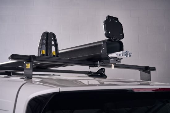 Black Maxi pipe carrier with end cap open on roof bars