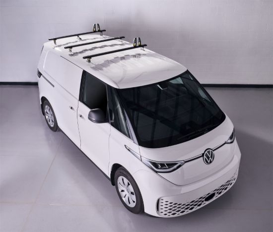 Black ULTI Bar roof bars fitted to a white van front three-quarter view