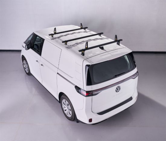 Black ULTI Bar roof bars fitted to a white van rear three-quarter view