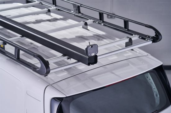 Black Standard pipe carrier on a roof rack with end cap open