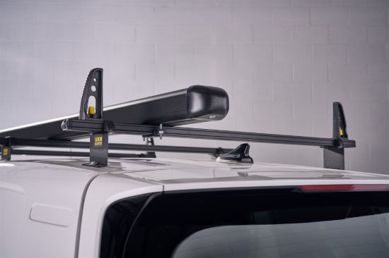 Black Standard pipe carrier mounted on roof bars