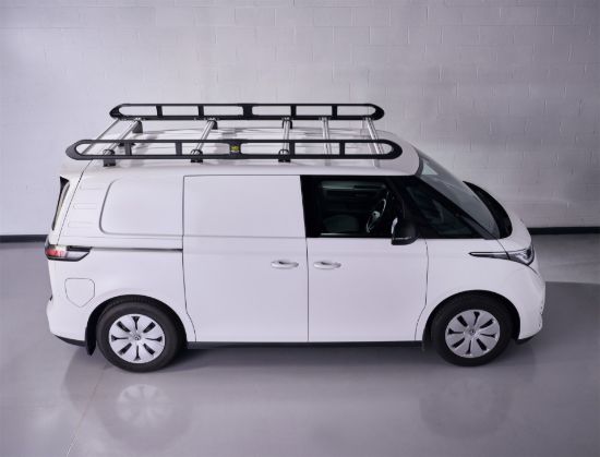 Black ULTI Rack roof rack fitted to a white van side view